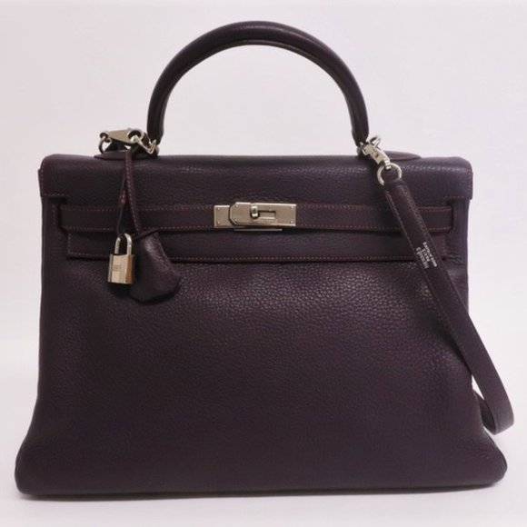 HERMES KELLY 35 RETOURNE BAG RAISIN CLEMENCE LEATHER PALLADIUM HARDWARE 2001